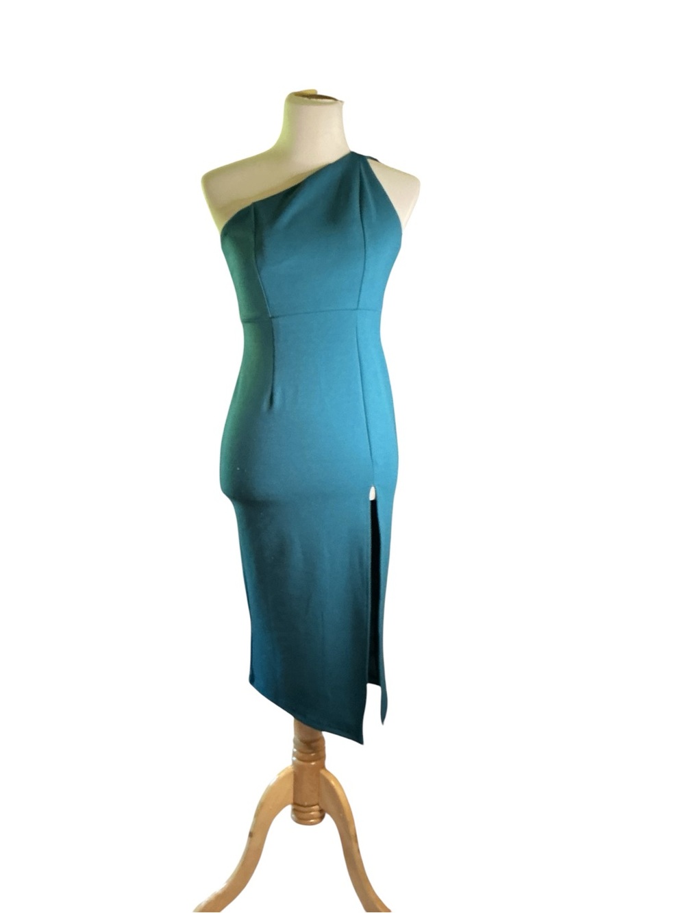 Hello Molly Teal One-Shoulder Midi Dress with Side Slit